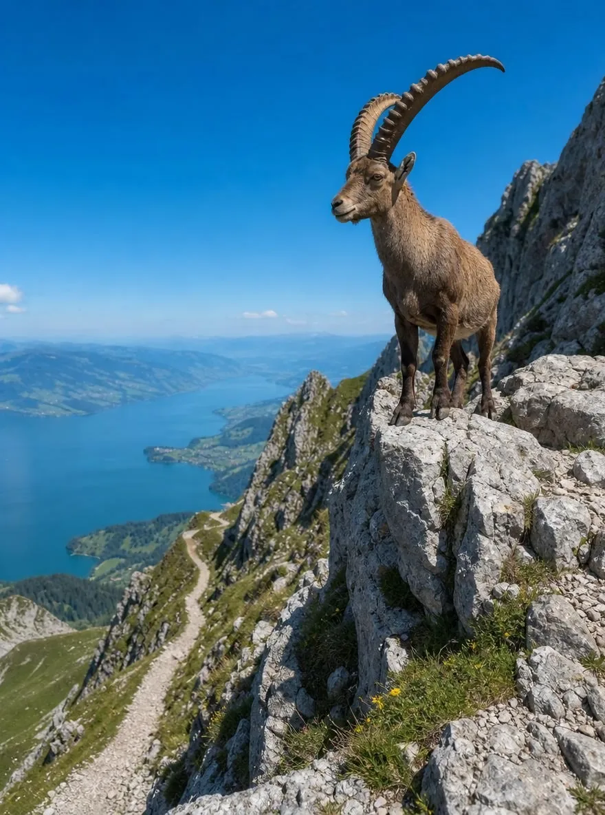 An alpine ibex with long curved horns on a limestone ledge, Lake Lucerne far below